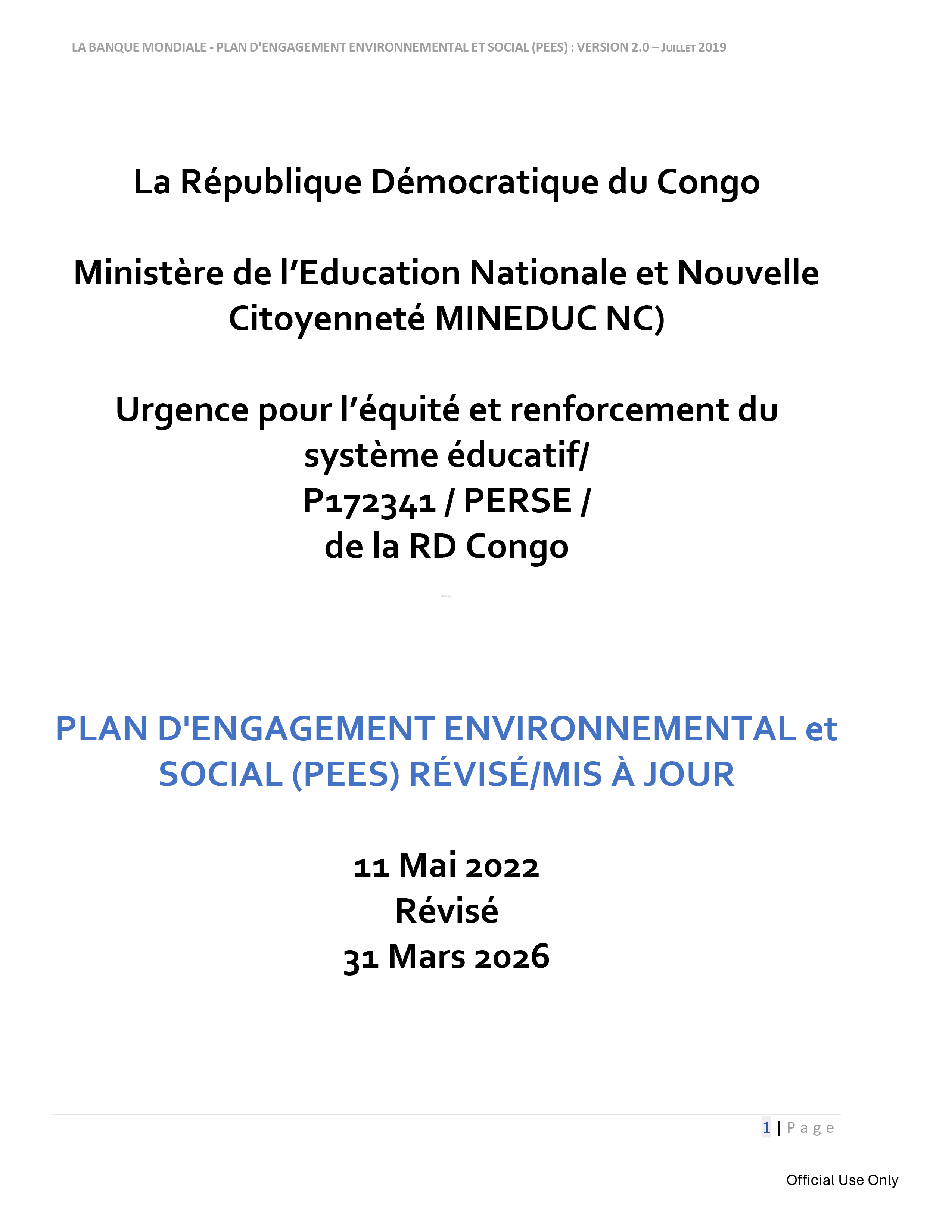 PERSE: Plan d’Engagement Environnemental et Social (PEES) révisé (31 Mars 2026)